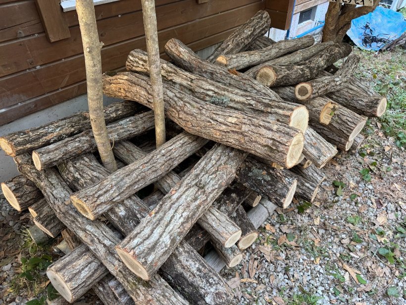 交互に丸太を重ねて置いている